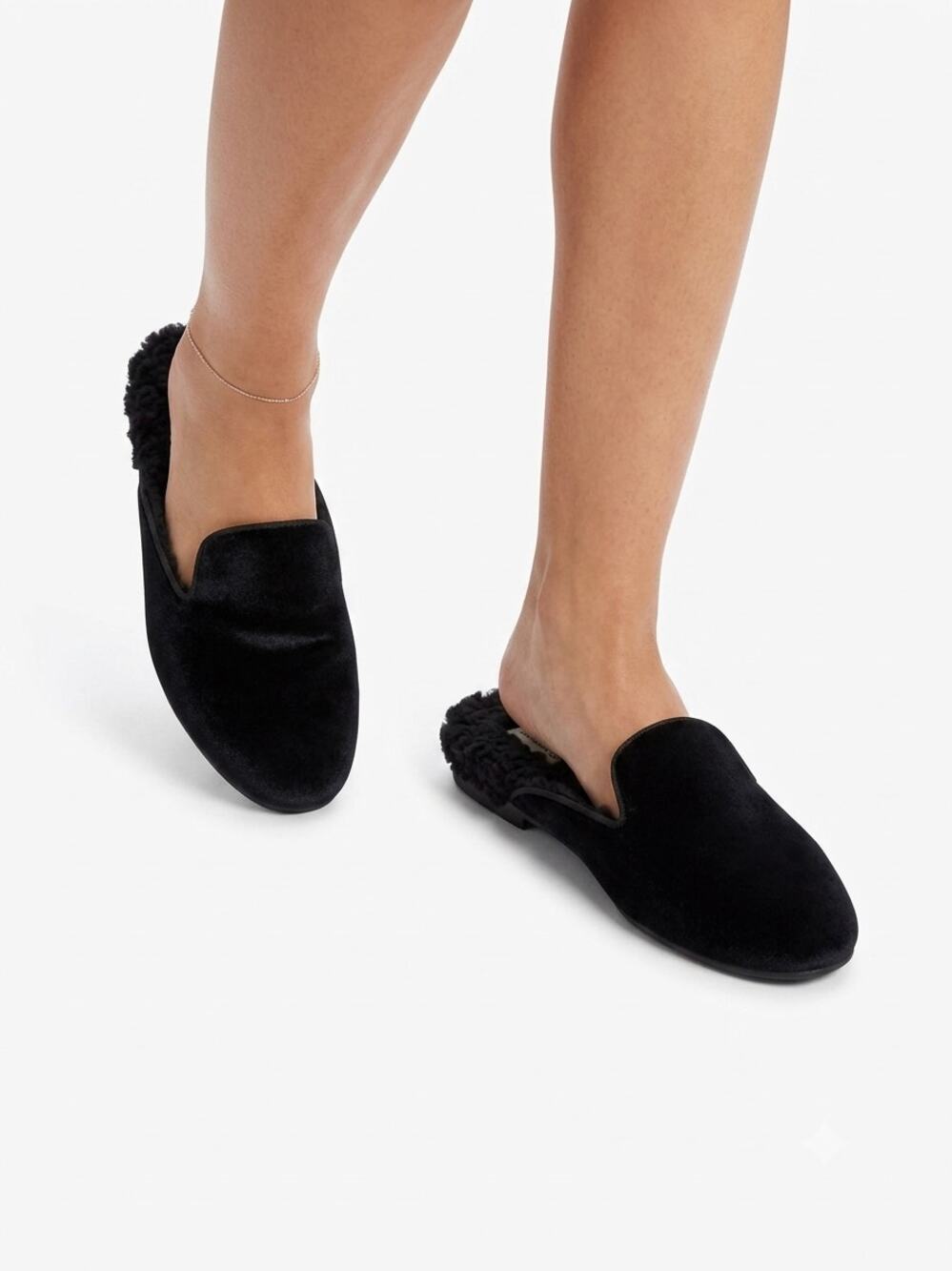 Birdies Flat Slide Shoes Womens 8.5 Phoebe Black Velvet Faux Fur Lined Slip On